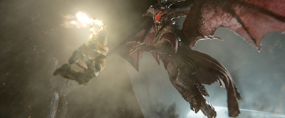 A large winged creature faces a figure emitting a bright light amidst smoke and debris.