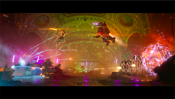 Two figures fly through a grand, golden hall amidst bright pink, blue, and orange energy blasts and explosions.