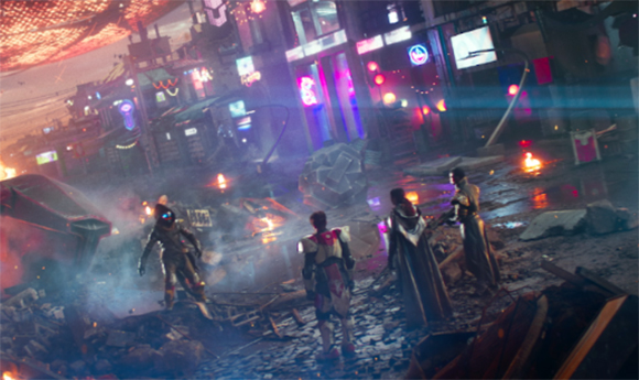 Four figures stand in a debris-filled, neon-lit futuristic city street at night.