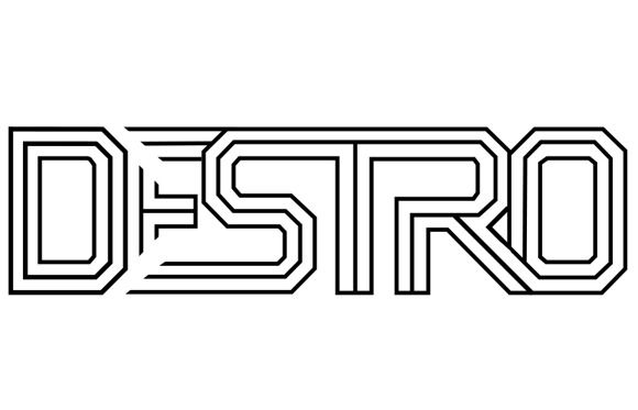 Black outline of the word 'DESTRO' in a blocky, geometric font on a white background.