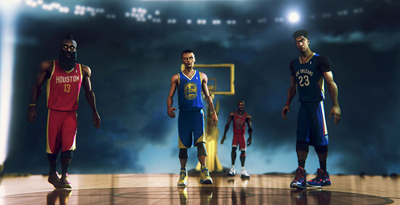 Four basketball players in various team jerseys standing on a court under bright stadium lights.