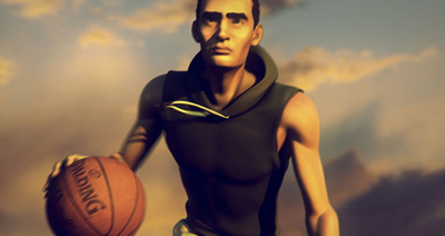 Animated man in a dark green sleeveless hoodie dribbling a basketball under a cloudy sunset sky.