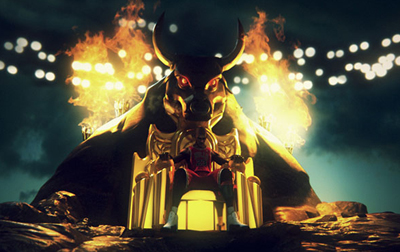 A basketball player sits on a golden throne before a giant bull statue with flames rising from its horns.