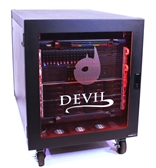 A black computer tower with a transparent side panel and white text reading 'DEVIL'.