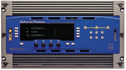 Front view of a blue and silver Alchemist Platinum electronic device with a digital display and various buttons.