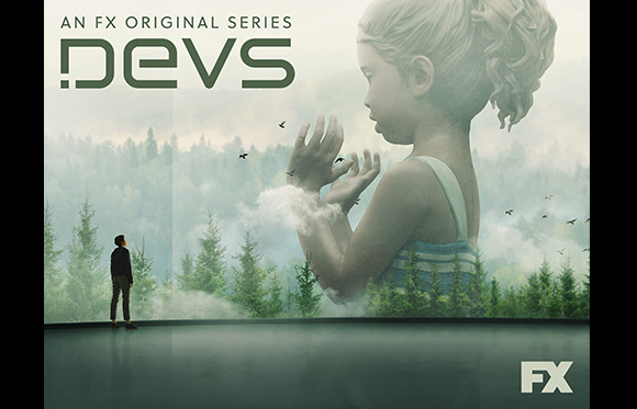 A small man stands before a giant translucent girl overlooking a misty pine forest.