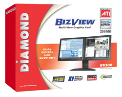 Diamond BizView Multi-View Graphics Card box featuring dual digital LCD support and two computer monitors.
