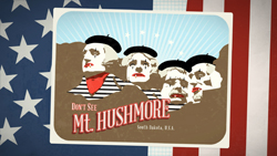 Parody illustration of four faces with berets and red lips on a mountain, set against a US flag background.