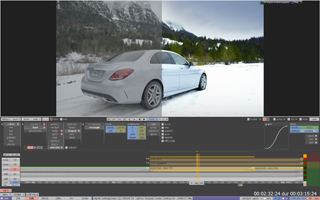 Video editing software interface displaying a split-screen color grade comparison of a car in a snowy landscape.