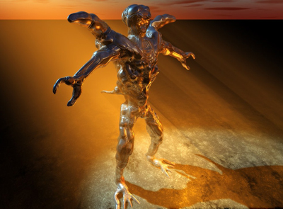 A silver, liquid-metal humanoid figure standing in a desert under an orange sky.