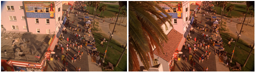 Two side-by-side views of a sunny, crowded boardwalk with palm trees and buildings.
