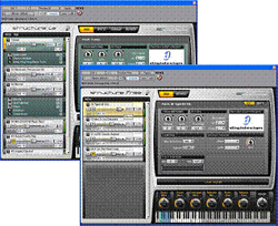 Two overlapping digital audio workstation software windows with various sliders, knobs, and a piano keyboard.