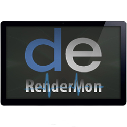 A tablet screen showing the letters 'de' in blue and silver above the text 'RenderMon' and a blue waveform.