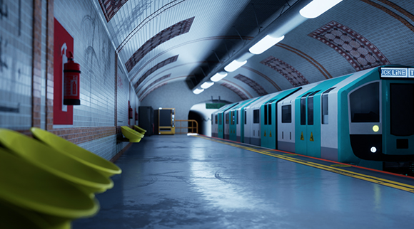 A teal and white subway train parked at a station platform under an arched, tiled ceiling.