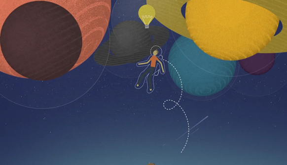 Stylized illustration of an astronaut floating in a dark blue starry sky near large colorful planets.