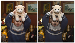 Side-by-side comparison of a child holding a white stuffed cat, one as a photo and one as a digital illustration.