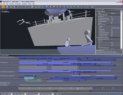 A 3D animation software interface displaying a gray-scale scene with stylized human figures and a large platform.