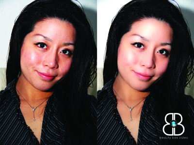 Split view showing a woman's face with natural skin texture on the left and smoothed, airbrushed skin on the right.