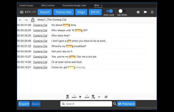 Software interface displaying a transcript of 'The Cursing Cat' with profanity replaced by asterisks.