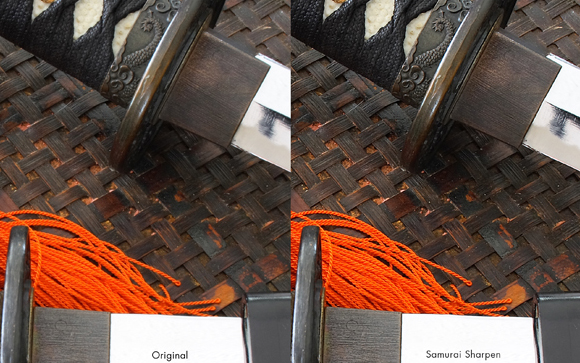 Split view showing a katana hilt and blade labeled Original and Samurai Sharpen.