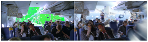 A film set inside an airplane cabin showing actors and a green screen, followed by a shot with visual effects.