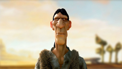 A stylized animated man with a long nose and dark hair wearing a fur garment against a blurred sky.