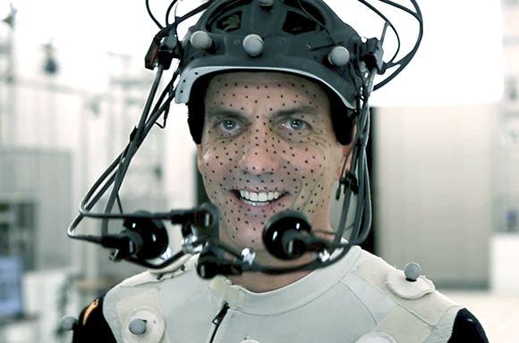 A man wearing a motion capture headset with multiple sensors and wires.