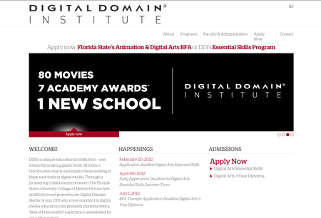 Website for Digital Domain Institute featuring promotional text and application deadlines.