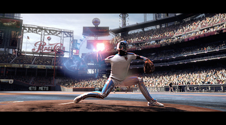 A baseball player in a white pinstripe uniform slides into home plate in a crowded stadium.