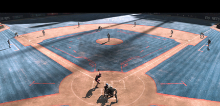 High-angle view of a stylized baseball field with blue turf, orange dirt paths, and players in position.