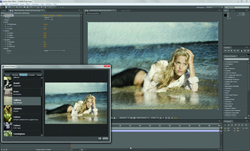 A photo editing software interface showing a woman lying on a beach with a pop-up window of the same image.