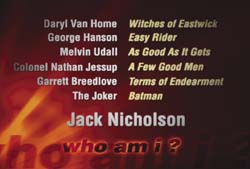 Text list showing Jack Nicholson's character names and film titles on a dark background.