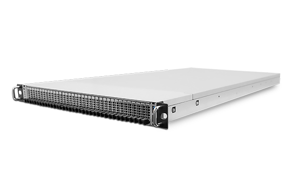 A slim, silver rack-mountable server unit with a perforated front panel and multiple ports.