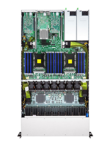 Internal view of a server chassis showing circuit boards, memory modules, and cooling components.