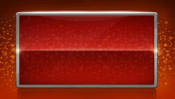 A red rectangular plaque with a silver metallic border set against a sparkling orange background.