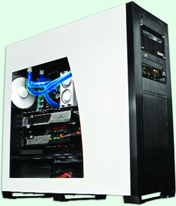 A white and black desktop computer tower with a cutaway section revealing blue liquid cooling tubes and internal parts.