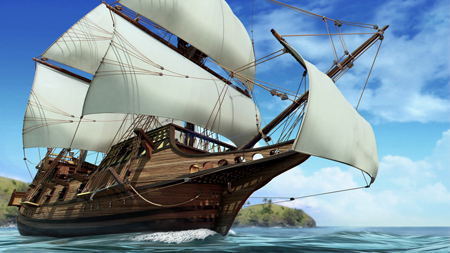 A wooden sailing ship with large white sails navigating blue ocean waves under a bright sky.