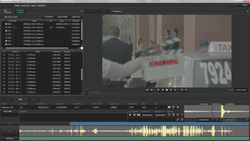 Video editing software interface displaying a video preview of people outdoors and an audio timeline below.
