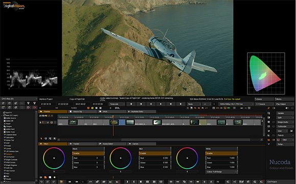 Video editing software interface showing a low-angle shot of a plane flying over a coastline.