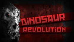 A black and white dinosaur head with glowing red eyes next to the text Dinosaur Revolution on a red background.