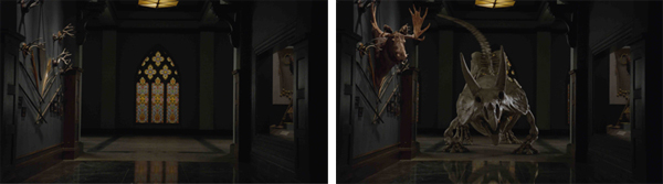 Two side-by-side views of a dark museum hallway, one empty and one containing a large dinosaur skeleton.