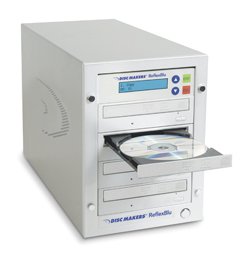 Silver Disc Makers ReflexBlu disc duplicator with an open tray holding a CD.