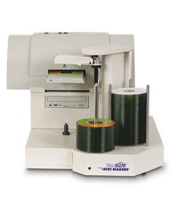 A Macelite Disc Makers professional disc duplication and printing machine on a white background.