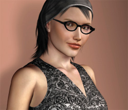 A woman with short black hair, a headband, and black-rimmed glasses wearing a patterned sleeveless top.