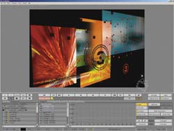 Video editing software interface showing a multi-paneled motion graphic with orange and blue hues.
