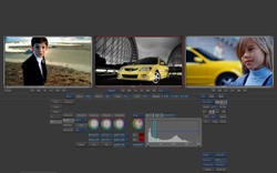 Video editing software interface displaying three video preview windows and various color adjustment controls.