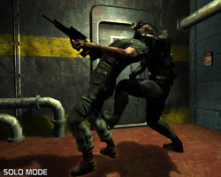 A person in green tactical gear aims a rifle at a person in dark clothing in a dimly lit industrial setting.