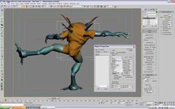 A 3D digital model of a blue and orange creature being edited in a computer software interface.