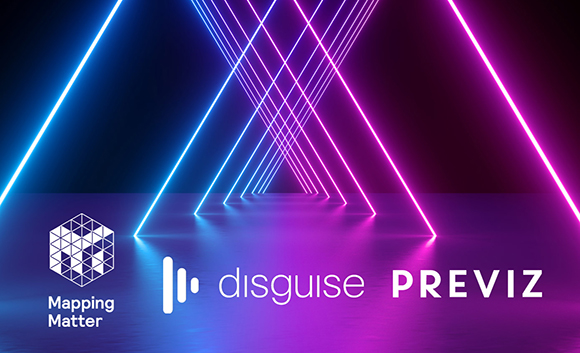 Blue and pink neon light beams intersect over a dark surface with the text 'disguise PREVIZ'.