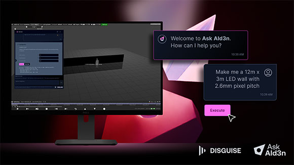 A computer monitor shows a 3D modeling interface alongside a chat window for Ask Ald3n.
